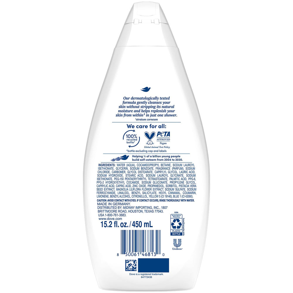Dove Gentle Pamper Body Wash moisturizing skin closeup showing soft, nourished skin after wash.