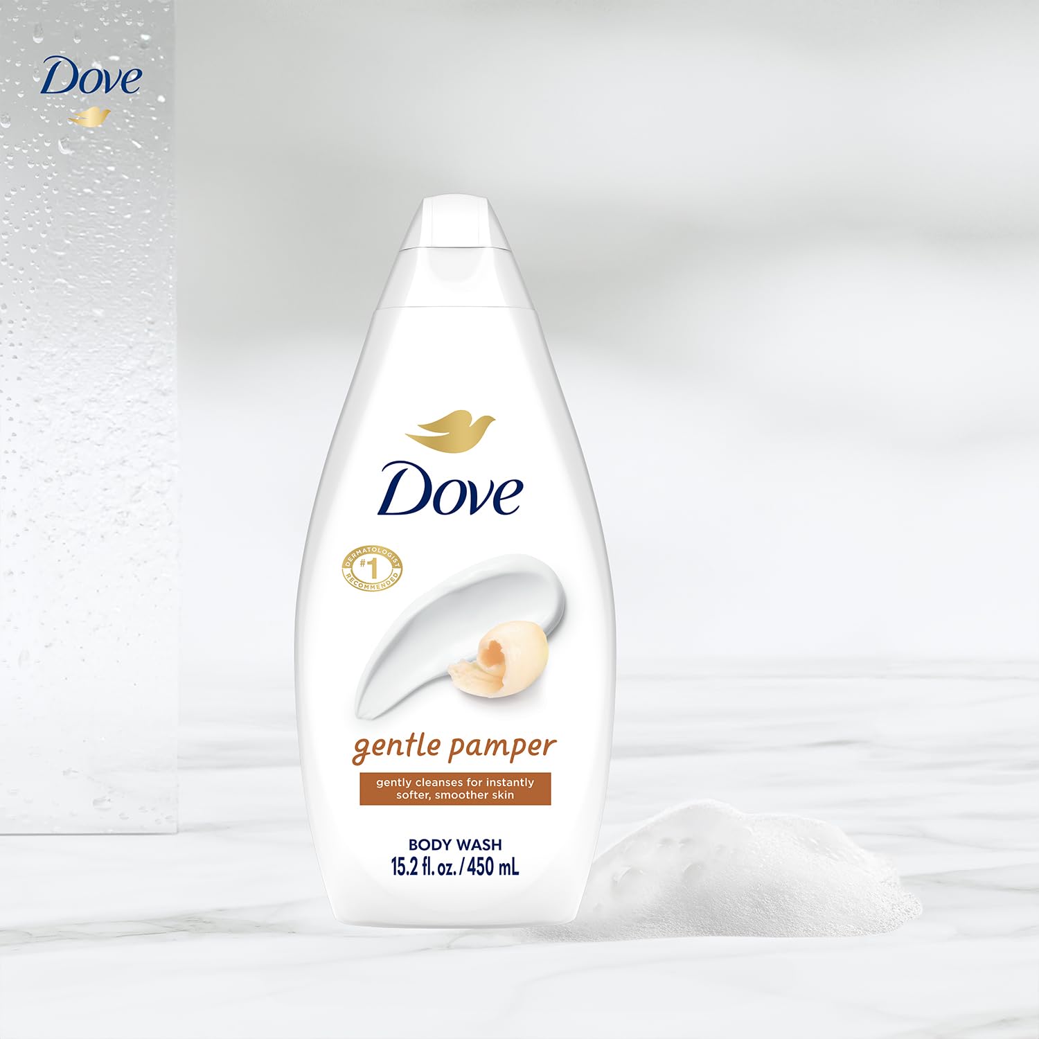 Dove Gentle Pamper creates rich, moisturizing foam to nourish dry skin.