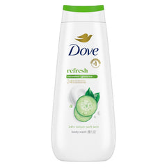 Dove Go Fresh cucumber & green tea bottle delivering refreshing hydration in a shower routine.