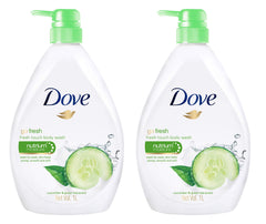 Dove Go Fresh Nourishing Body Wash cucumber-green bottle pour demonstrates refreshing cleansing for daily skin care.