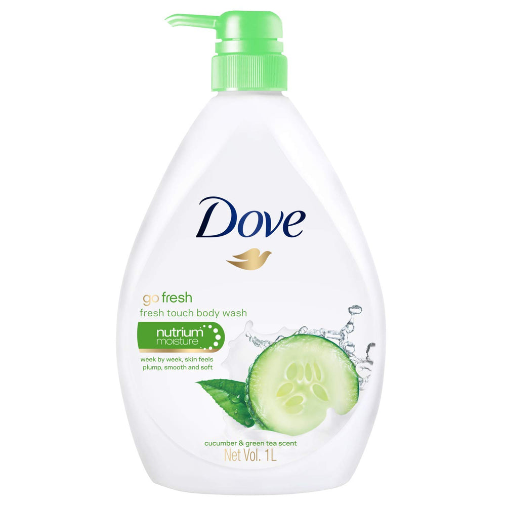 Dove Go Fresh Nourishing Body Wash cucumber-green label closeup highlights uplifting scent for shower routines.