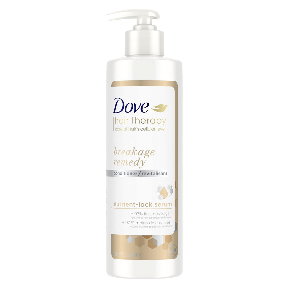 Dove Hair Therapy Breakage Remedy bottle demonstrates strength-boosting formula for healthier-looking hair.