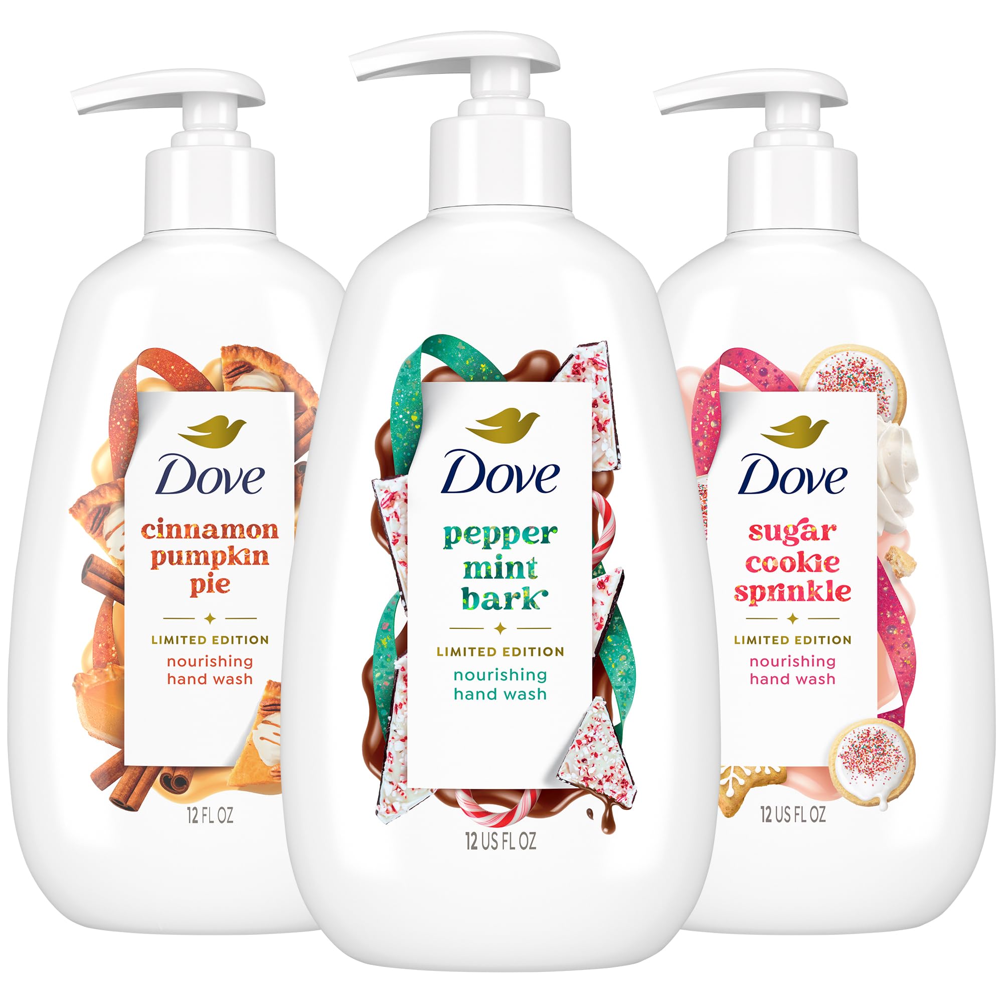 Dove Hand Soap Cinnamon Pumpkin Pie bottle delivers rich moisture for softer hands.