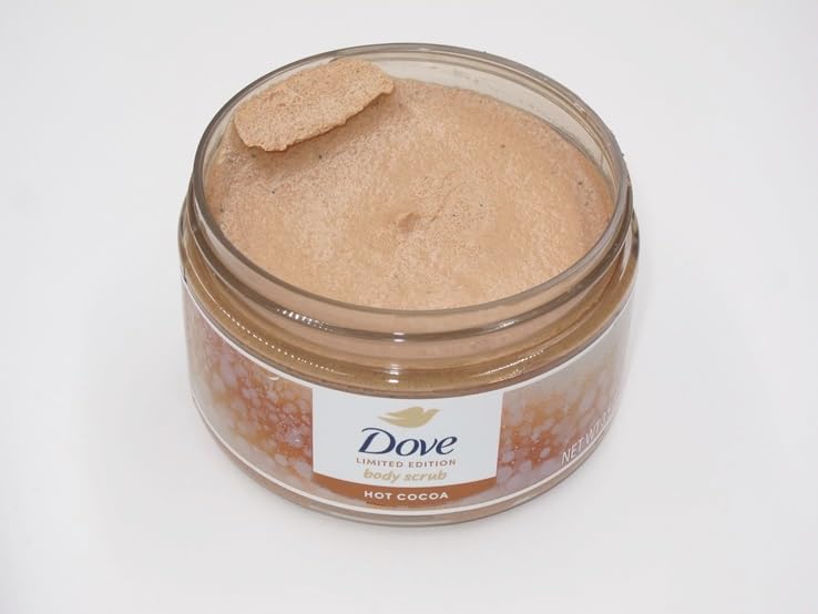 Dove Hot Cocoa Body Scrub image highlights rich cocoa scent for a cozy shower ritual