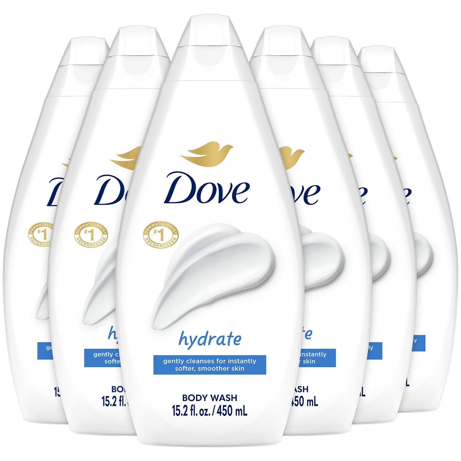 Dove Hydrate Body Wash bottle-front promotes a moisturizing cleanse for softer skin.