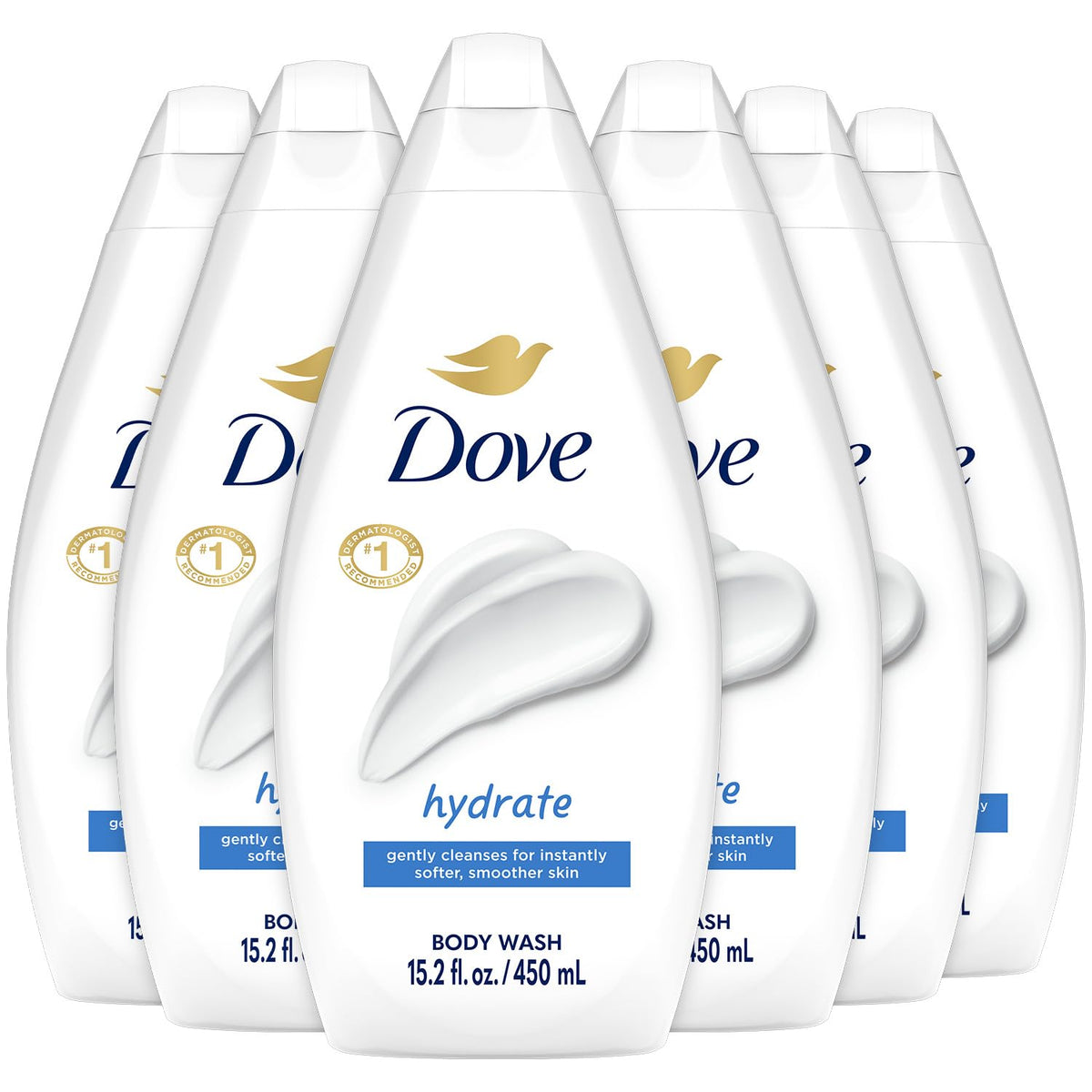 Dove Hydrate Body Wash bottle-front promotes a moisturizing cleanse for softer skin.