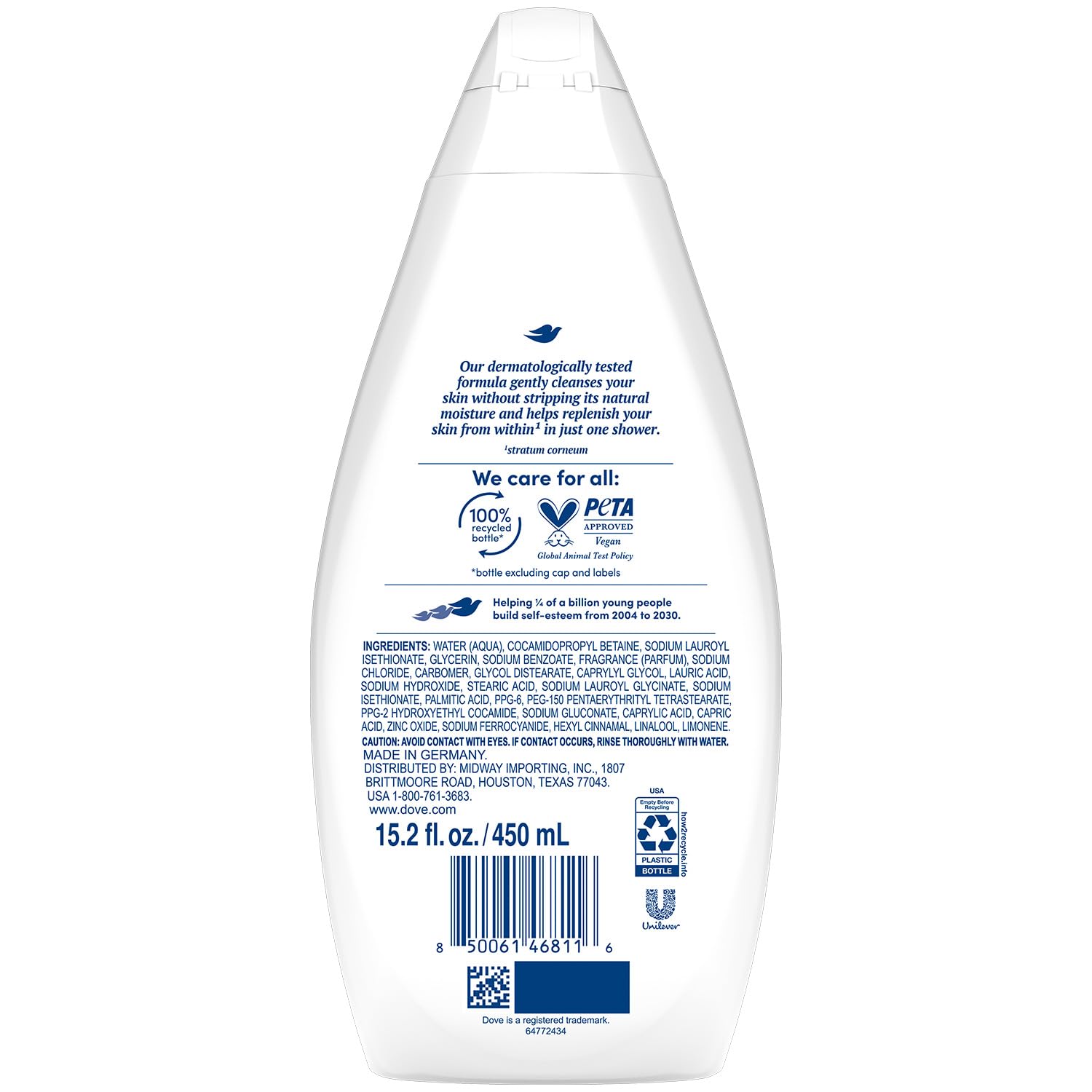 Dove Hydrate Body Wash with glycerin nourishes skin during daily shower.