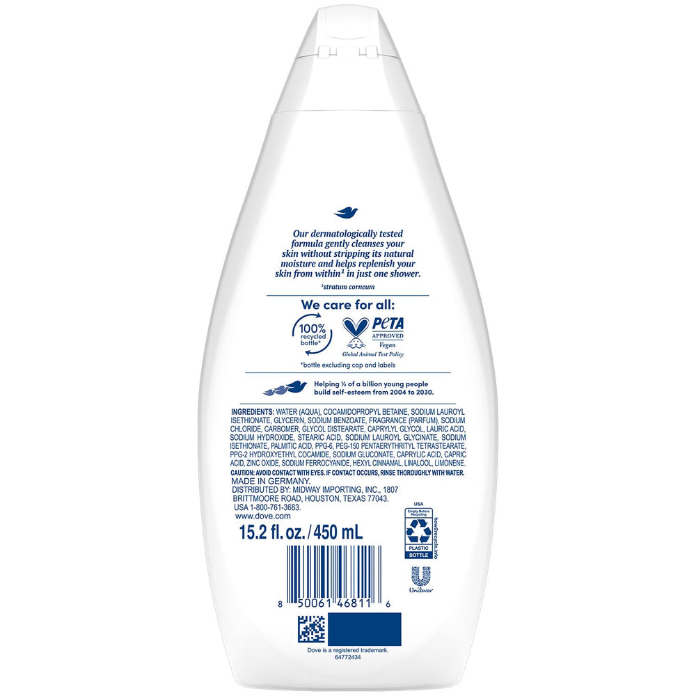 Dove Hydrate Body Wash with glycerin nourishes skin during daily shower.