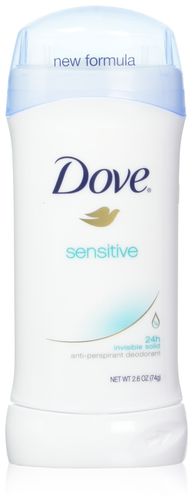 Dove Invisible Solid Sensitive Skin six-pack display showing spill-free protection.