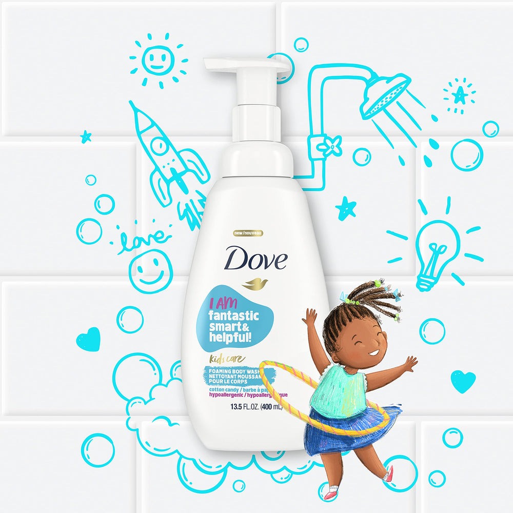 Dove Kids Care bottle close-up highlights dermatologist-tested reassurance