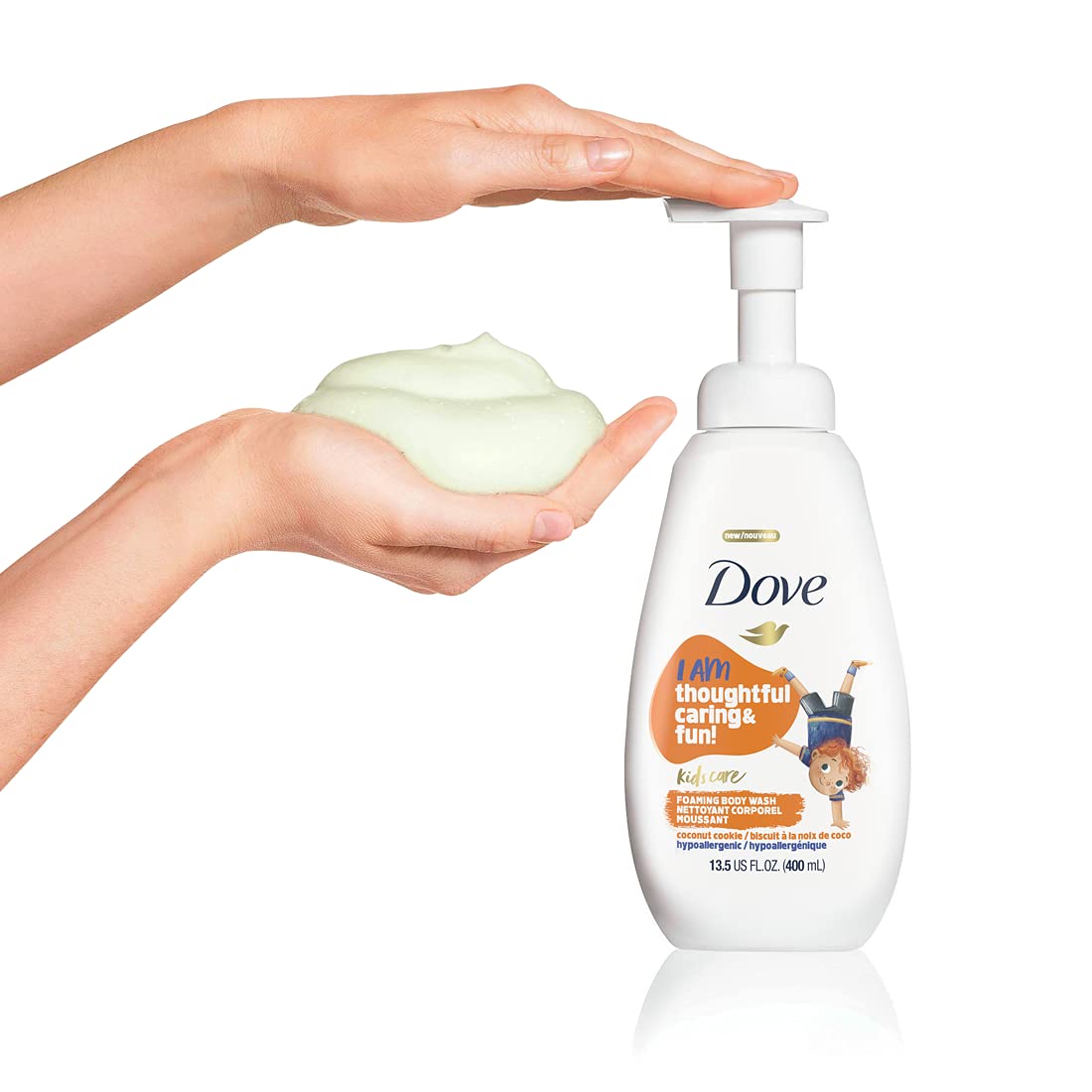 Dove Kids Care Foaming Body Wash Coconut Cookie close-up shows skin-natural nutrients.