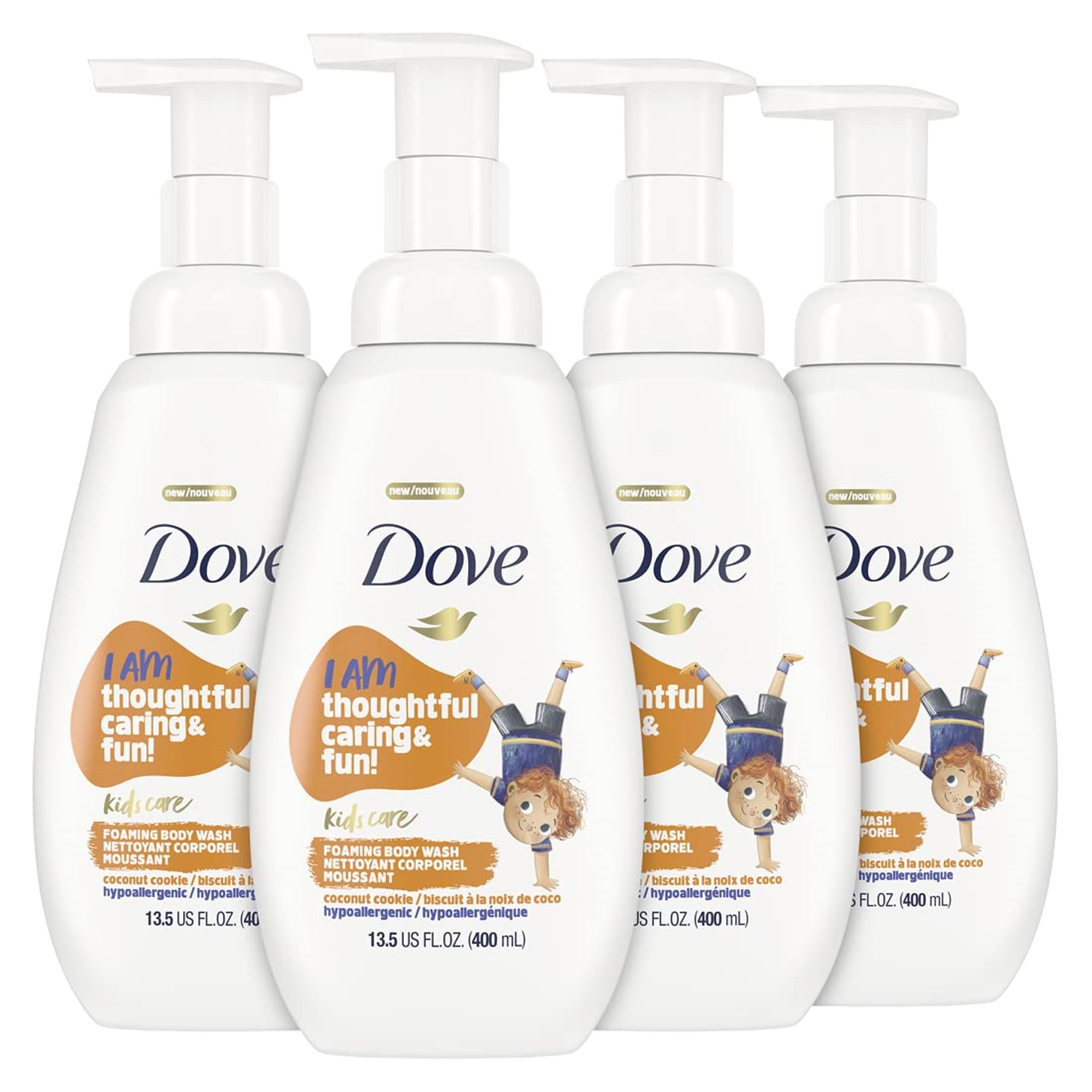 Dove Kids Care Foaming Body Wash Coconut Cookie pump bottle offers gentle cleansing for kids.