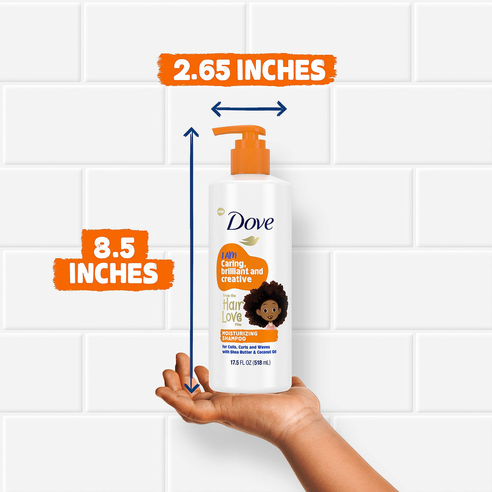 Dove Kids Hair Love curly hair close-up shows defined waves and moisture.