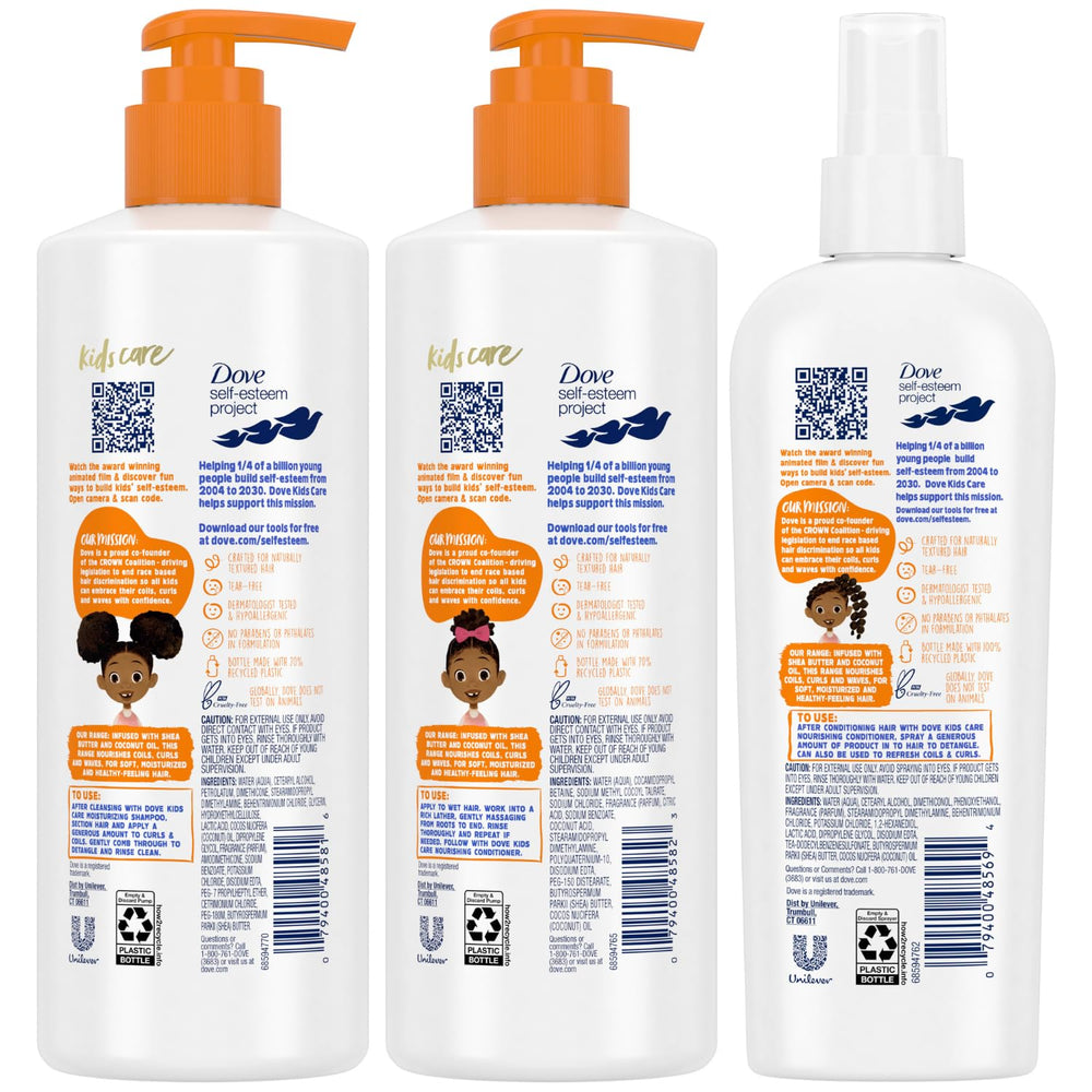 Dove Kids Hair Love set conditioner bottle moisturizes curls for smooth detangling.