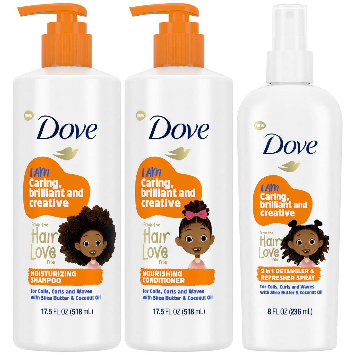 Dove Kids Hair Love shampoo bottle shows nourishing formula for soft, manageable curls.
