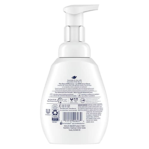 Dove Lavender & Rice Milk foaming pump illustrating rich lather and gentleness on skin.