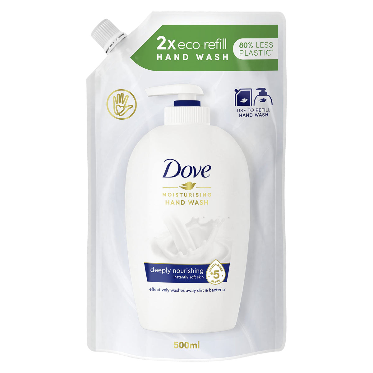 Dove liquid hand wash refill bottle closeup highlights moisturizing formula for daily use.