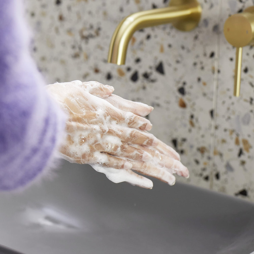 Dove liquid hand wash refill on bathroom shelf suggests a soothing scent.