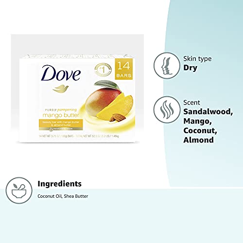 Dove Mango Butter Beauty Bar packaging-14-bars shows value and eco-friendly choice.