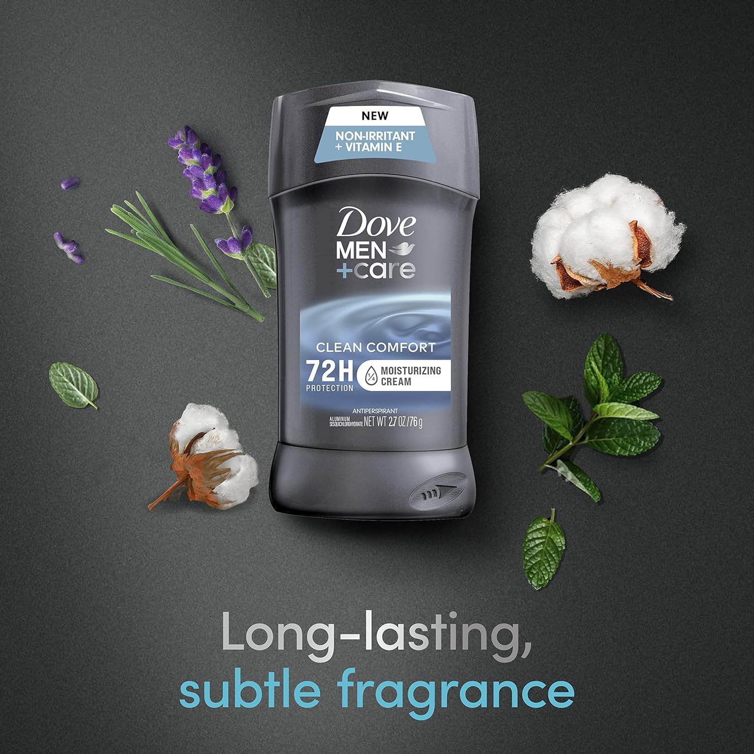 Dove Men+Care 48-hour protection icon highlights long-lasting sweat control.