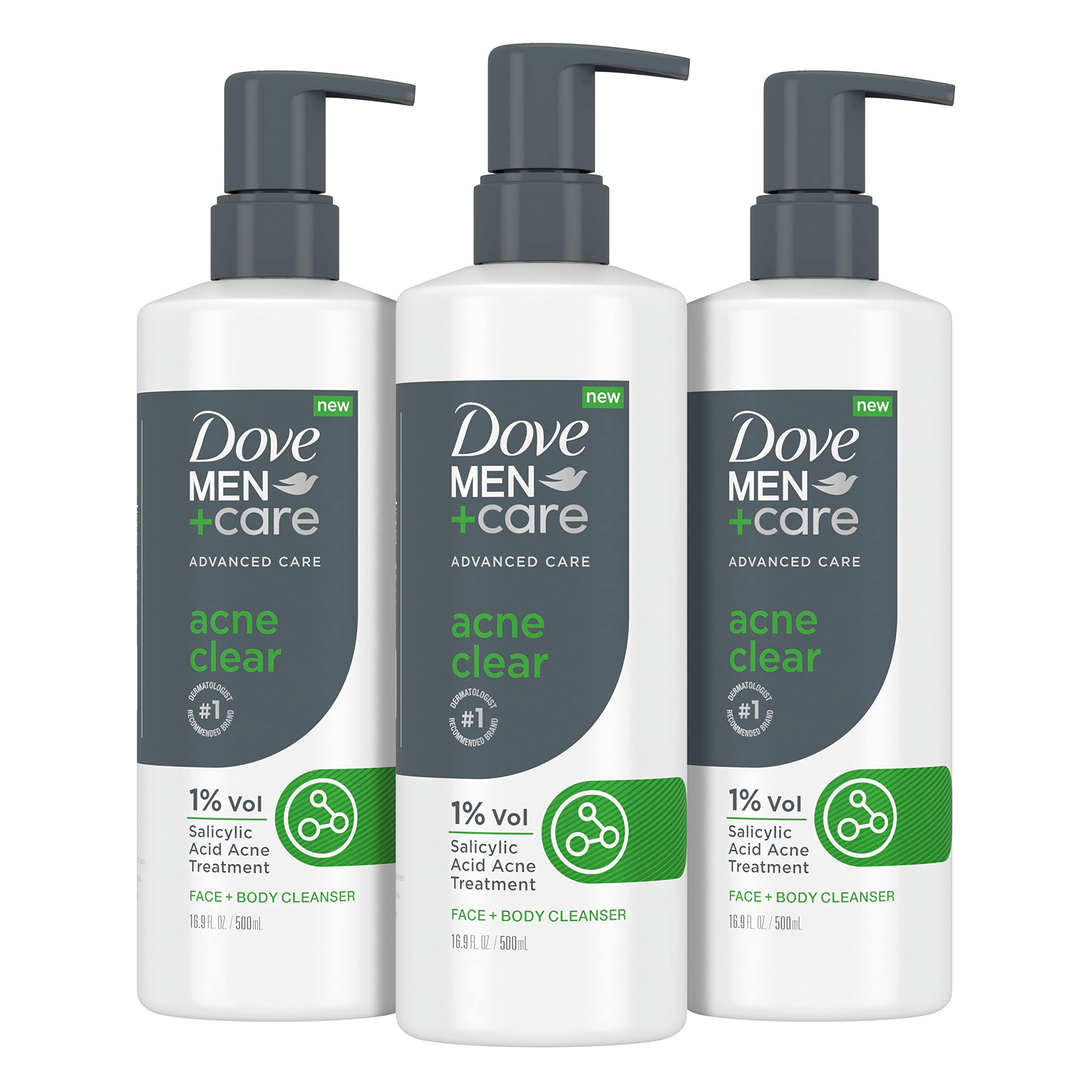 Dove Men+Care Acne Clear bottle close-up highlighting acne-fighting formula