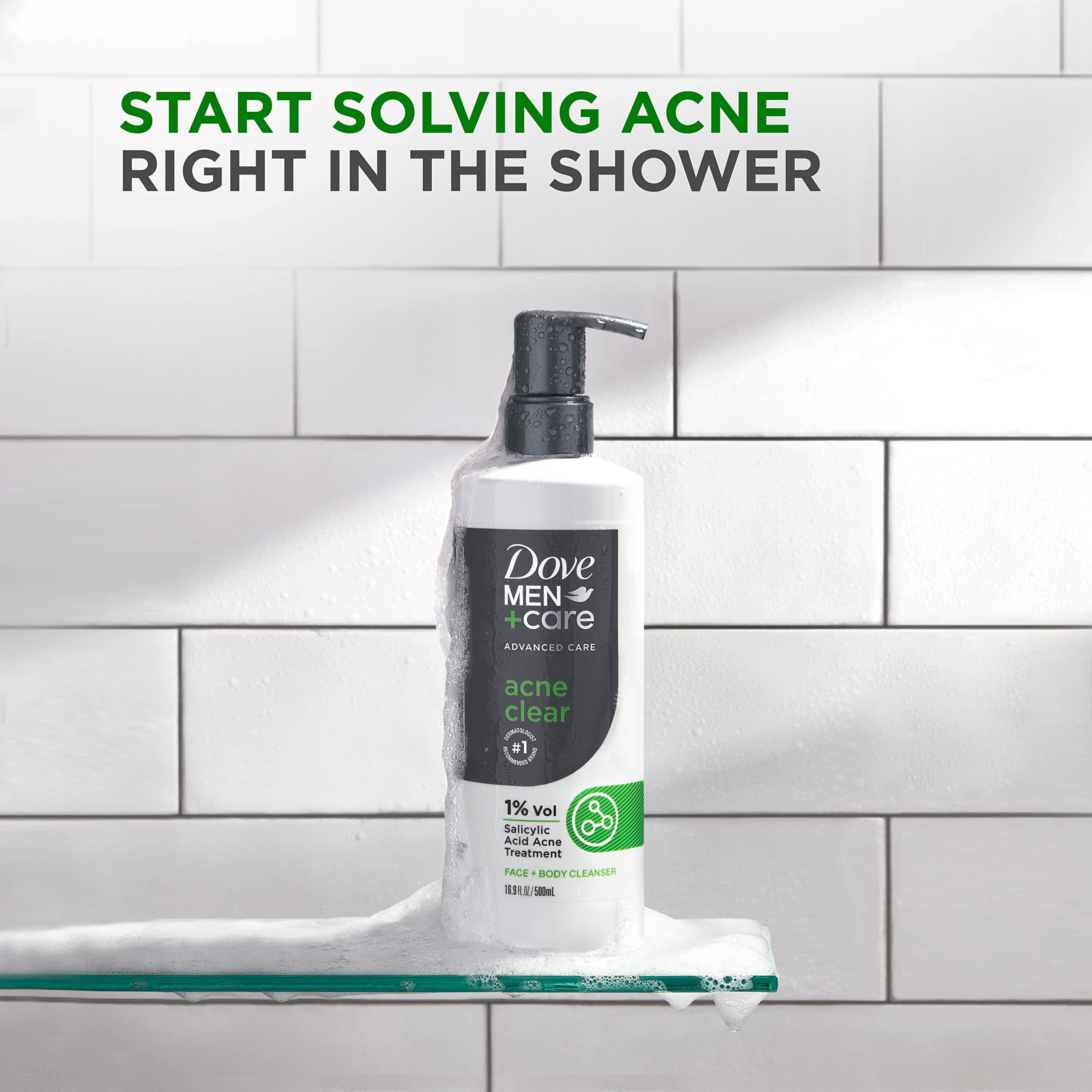 Rich lather of Dove Men+Care Acne Clear applied on face and body