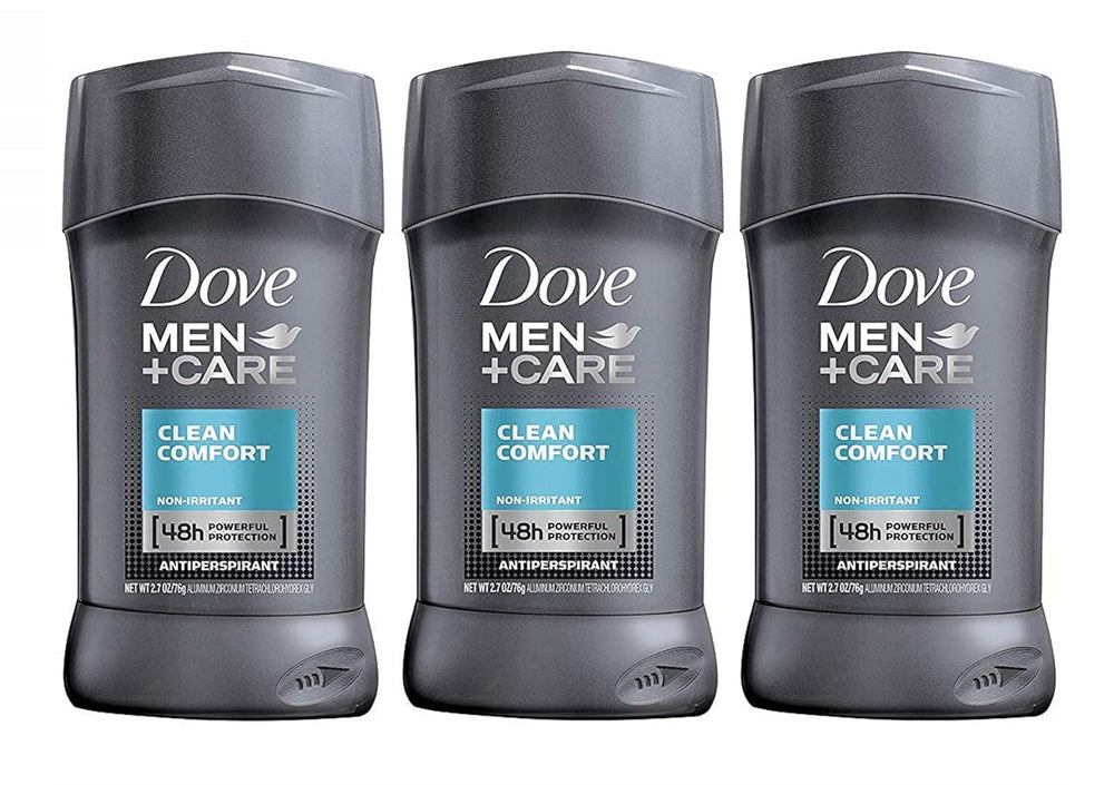 Dove Men+Care Clean Comfort stick unwrapped for easy daily application and lasting freshness.