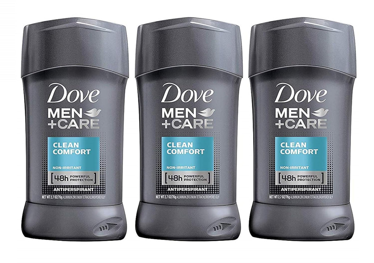 Dove Men+Care Clean Comfort stick unwrapped for easy daily application and lasting freshness.