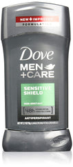 Dove Men+Care Antiperspirant Stick Sensitive Shield product shot shows four-pack value