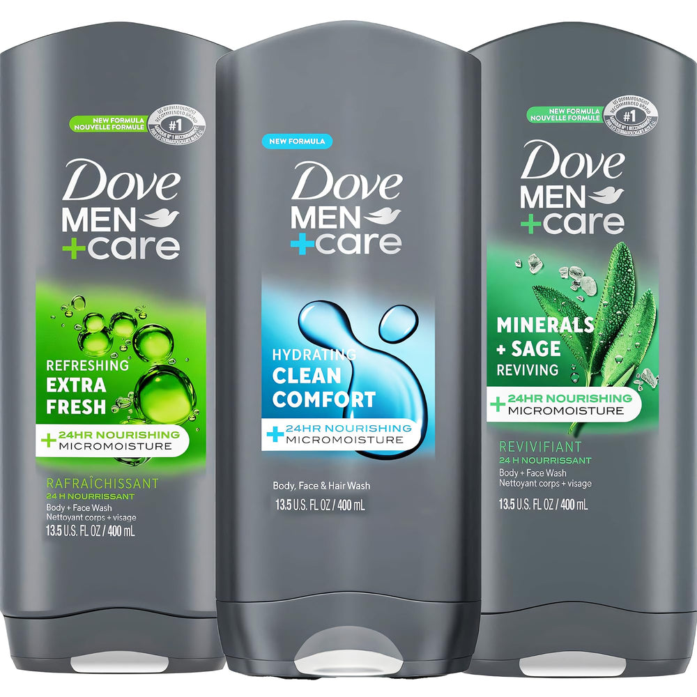 Dove Men+Care variety bottle image showing cooling cleanse and dryness protection for daily skin care