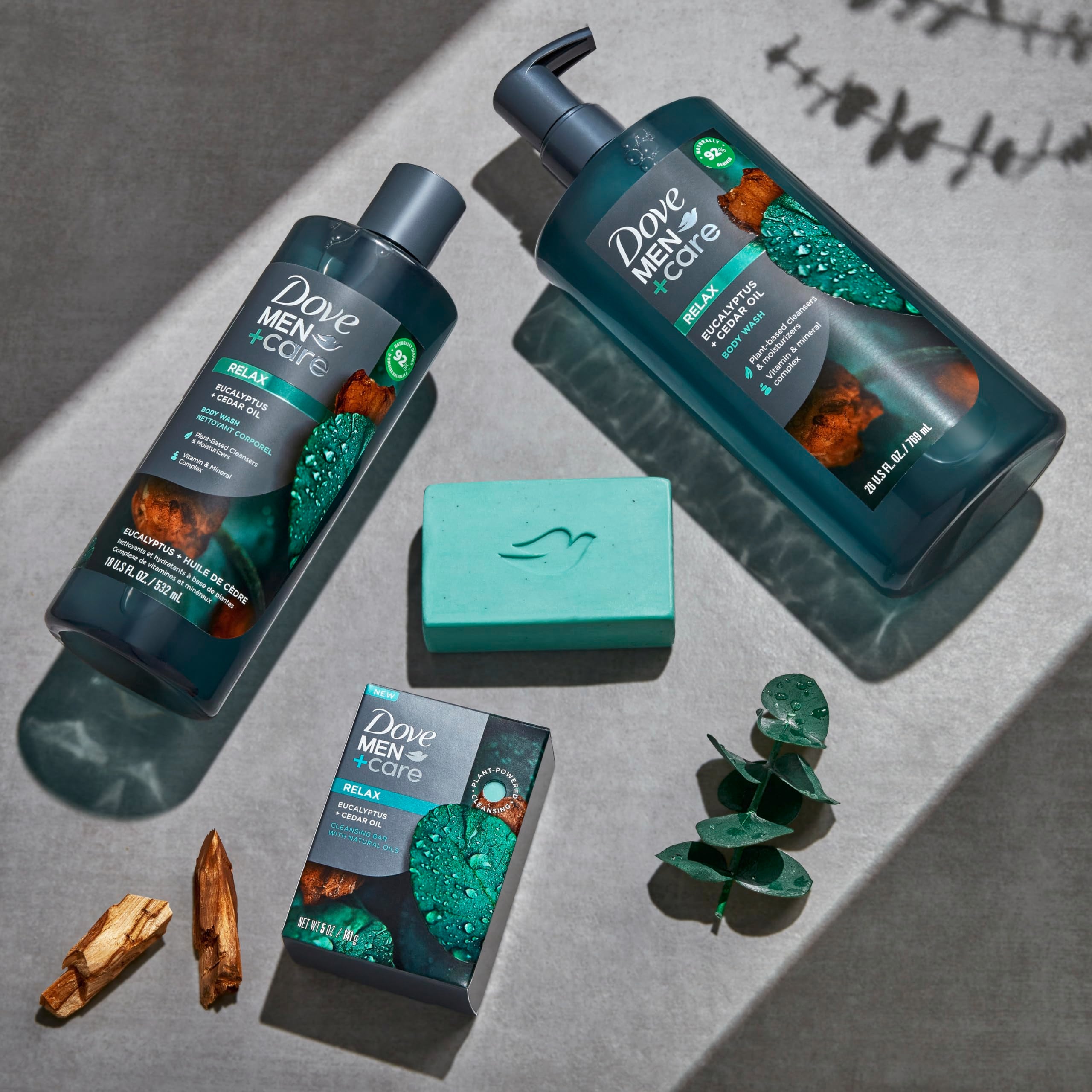 Dove Men+Care cedar oil aroma bar highlights relaxing scent during shower