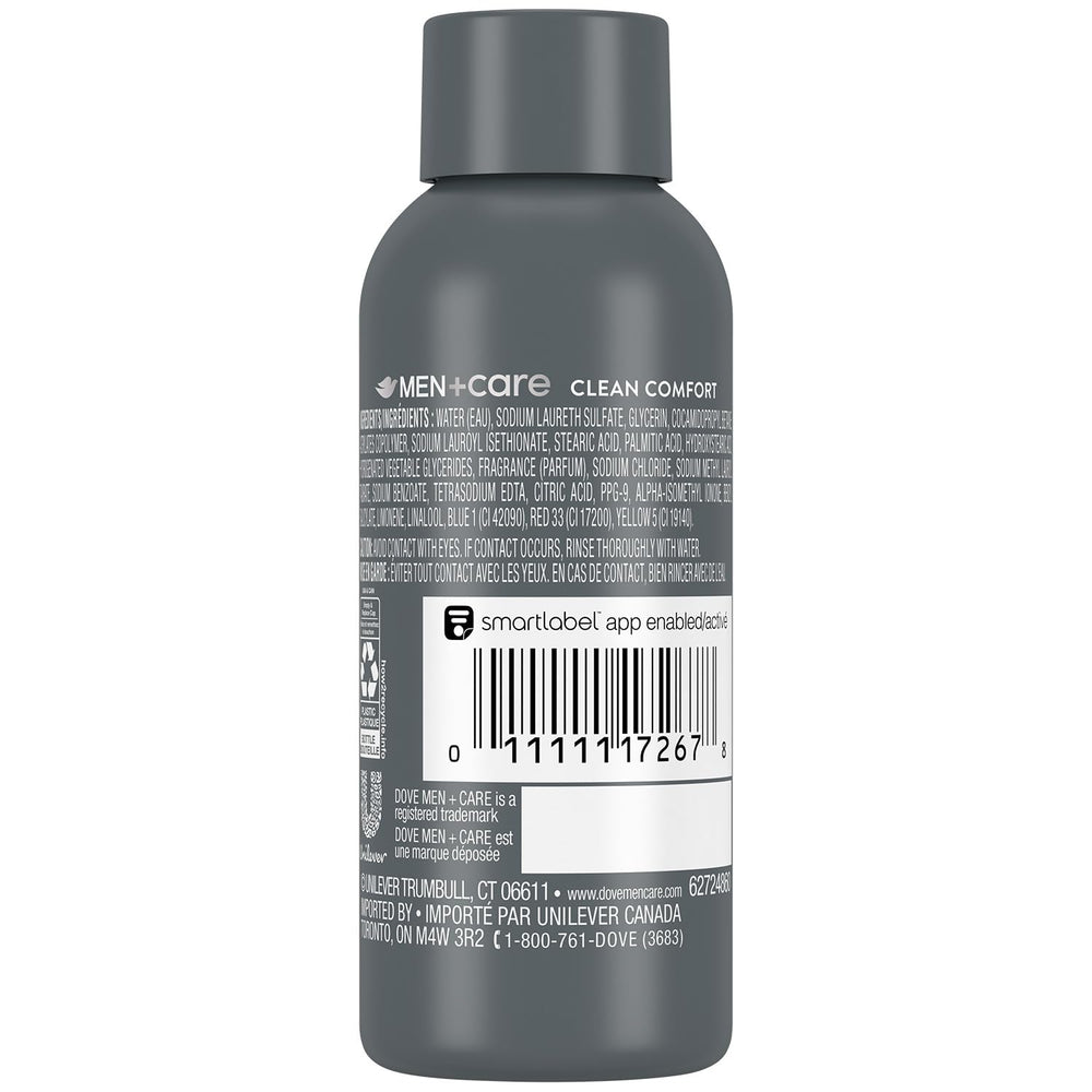 Dove Men+Care Clean Comfort bottle pour shows easy-dispense cleansing for quick showers.