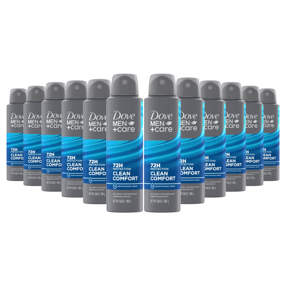 Dove Men+Care Clean Comfort dry spray underarm application for all-day freshness.