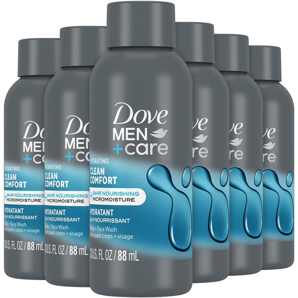 Dove Men+Care Clean Comfort pack front highlights a multipack for daily hydration and convenience.