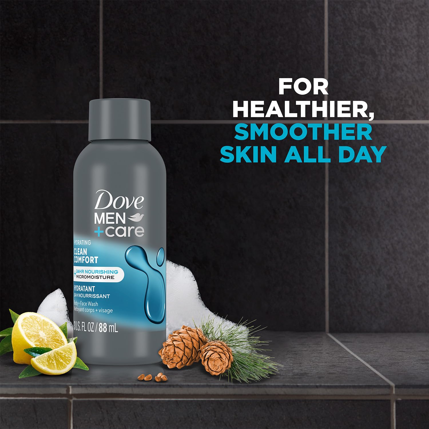 Dove Men+Care Clean Comfort shower foam demonstrates hydrating cleanse for daily freshness.
