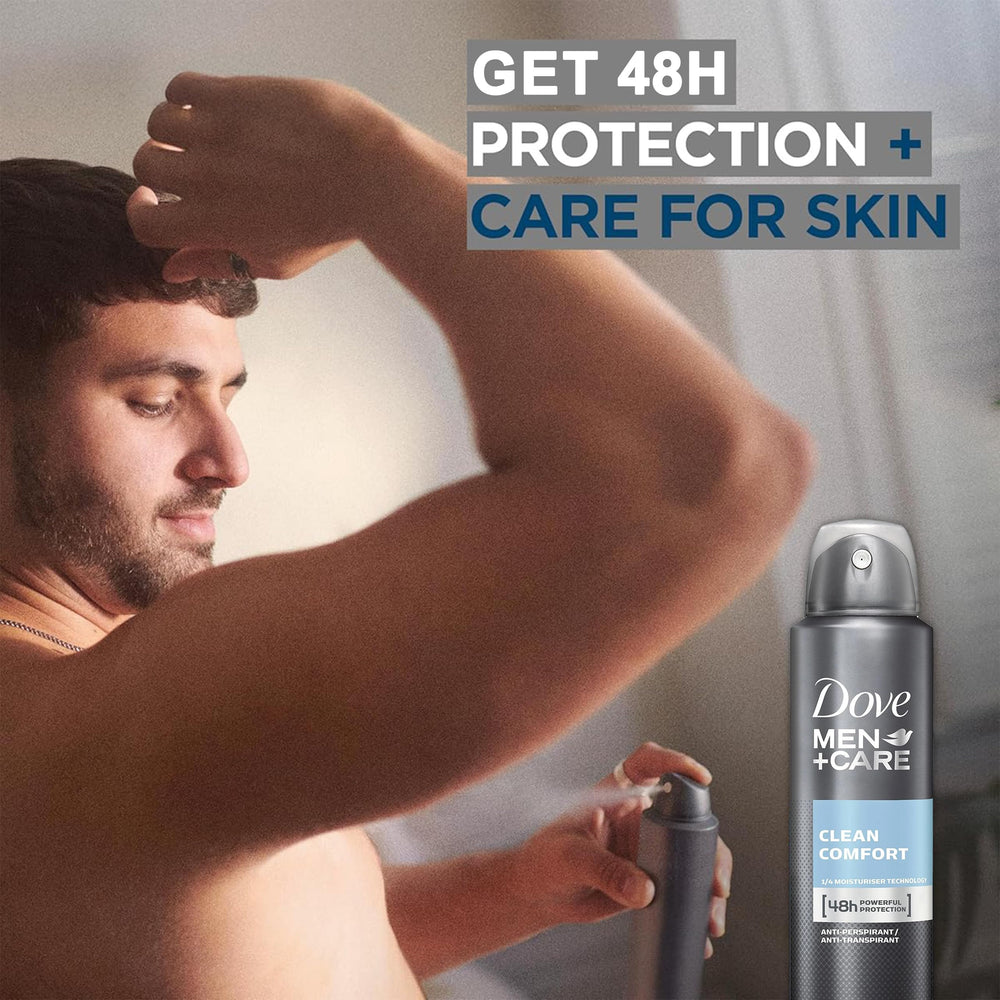 Dove Men+Care Clean Comfort spray application showing quick-dry, non-sticky finish.