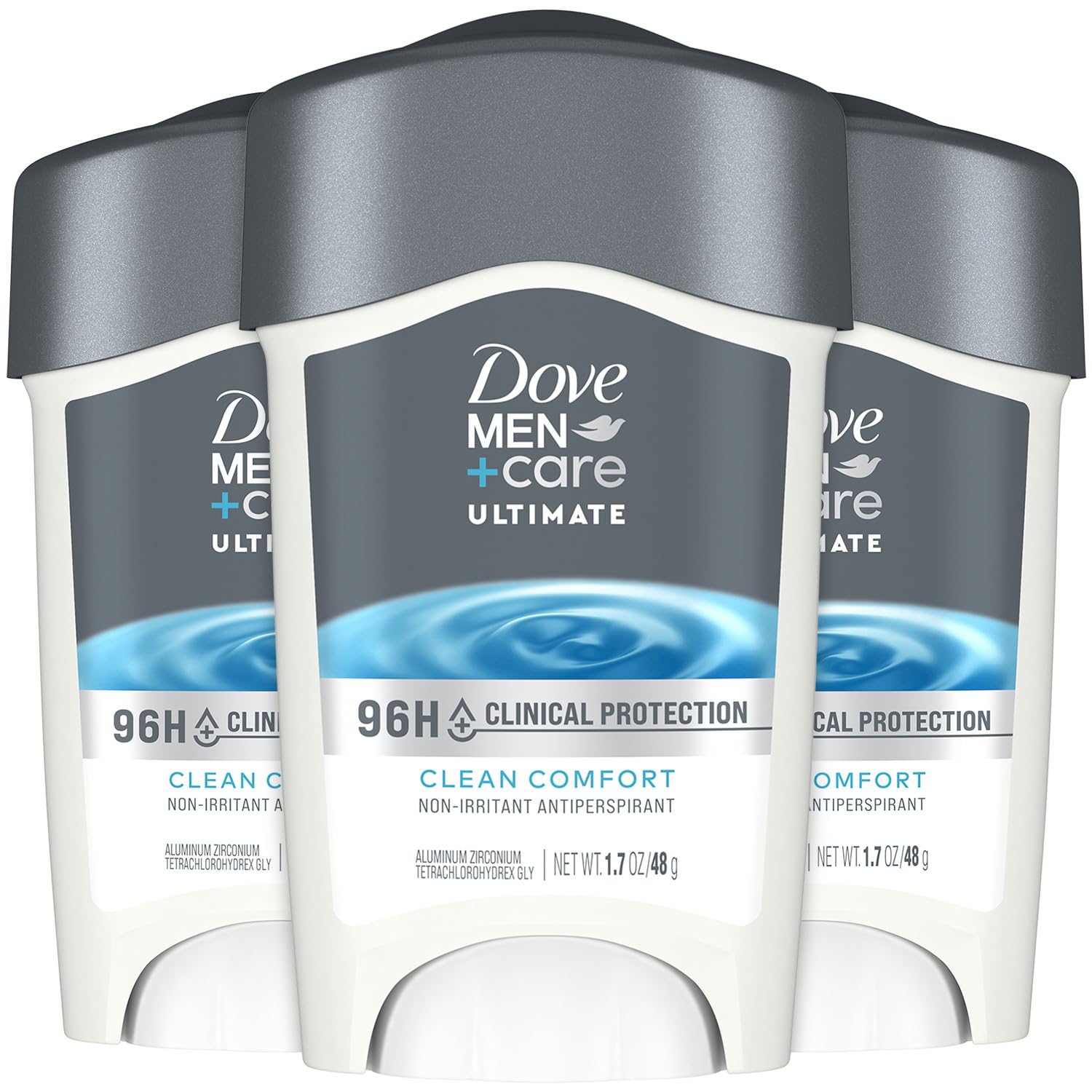 Dove Men+Care 96H protection three-pack on display for daily wear.