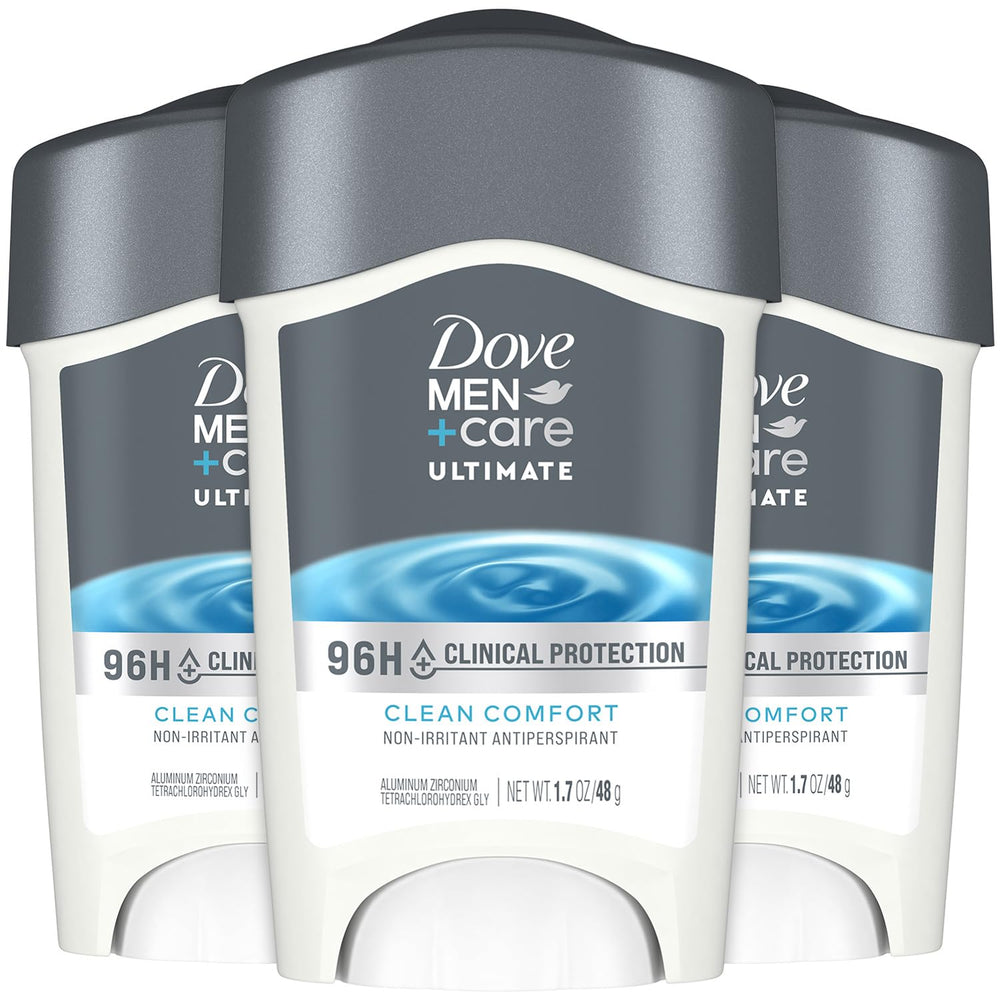 Dove Men+Care 96H protection three-pack on display for daily wear.