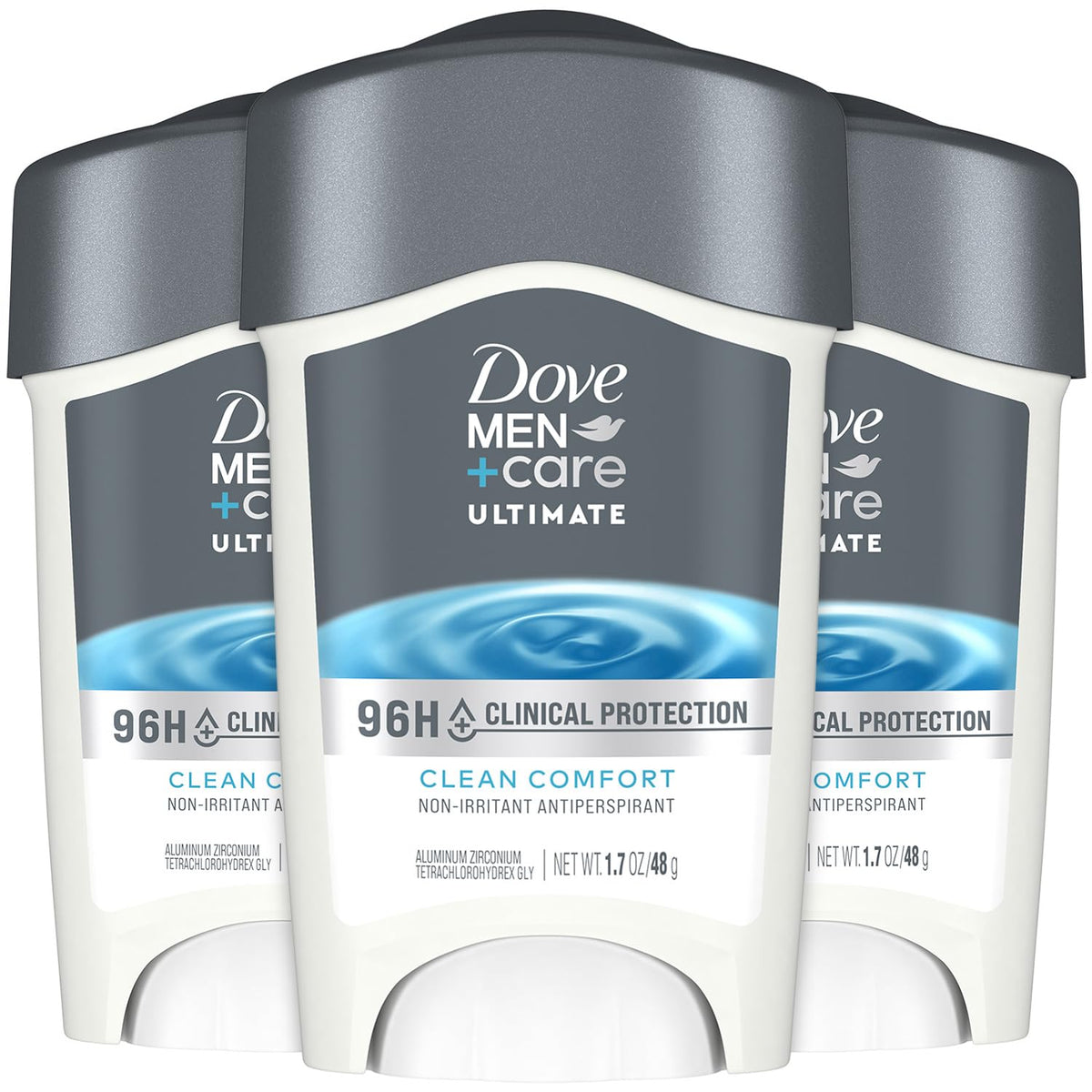 Dove Men+Care 96H protection three-pack on display for daily wear.