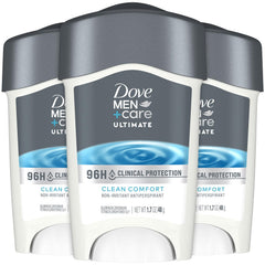 Dove Men+Care 96H protection three-pack on display for daily wear.