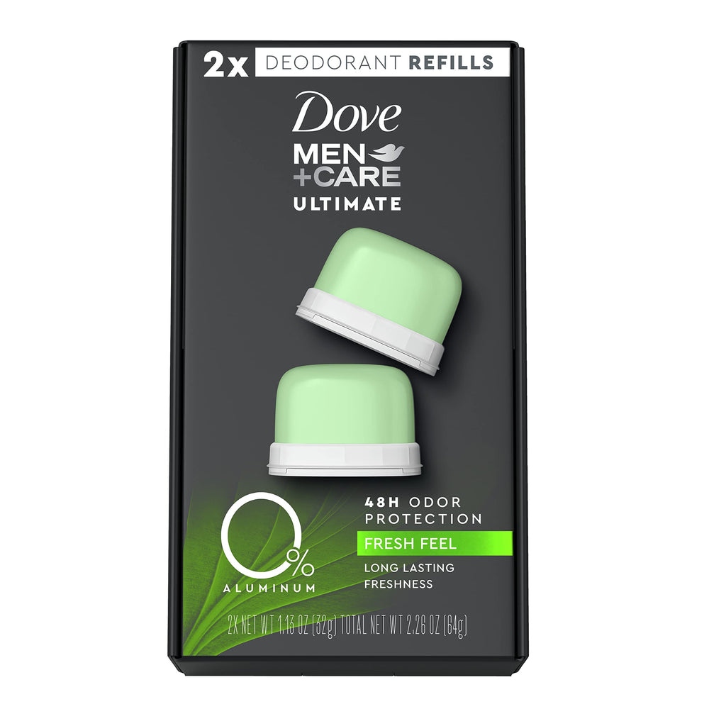 Dove Men+Care 0% aluminum deodorant refill packaging for aluminum-free freshness.