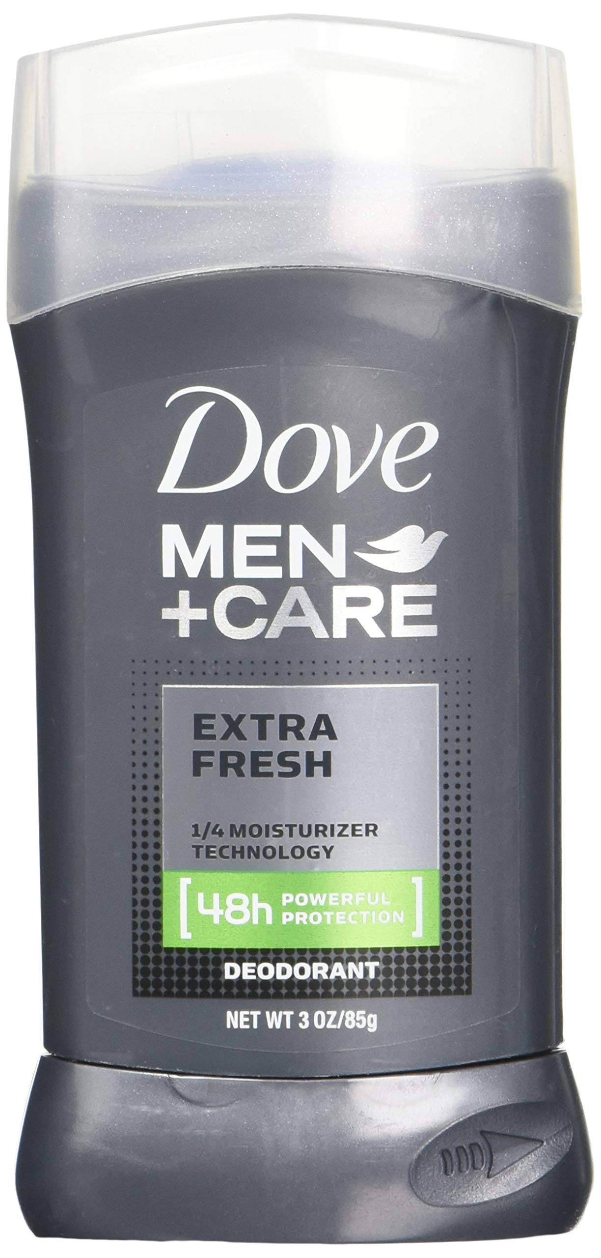 Dove Men+Care Deodorant Stick Extra Fresh closeup with 3-pack packaging and odor protection