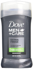 Dove Men+Care Deodorant Stick Extra Fresh closeup with 3-pack packaging and odor protection