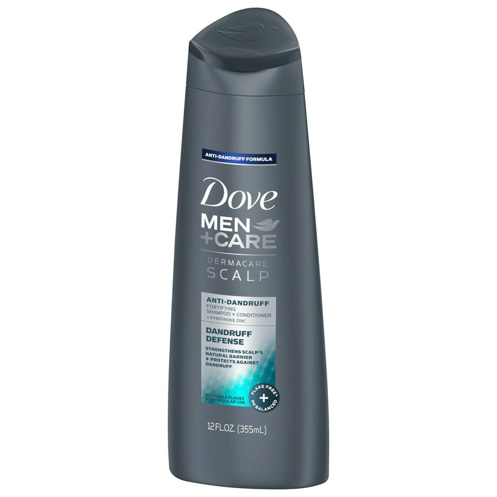 Dove Men+Care Dermacare Scalp lather shows cleansing with caffeine and zinc for thicker hair.