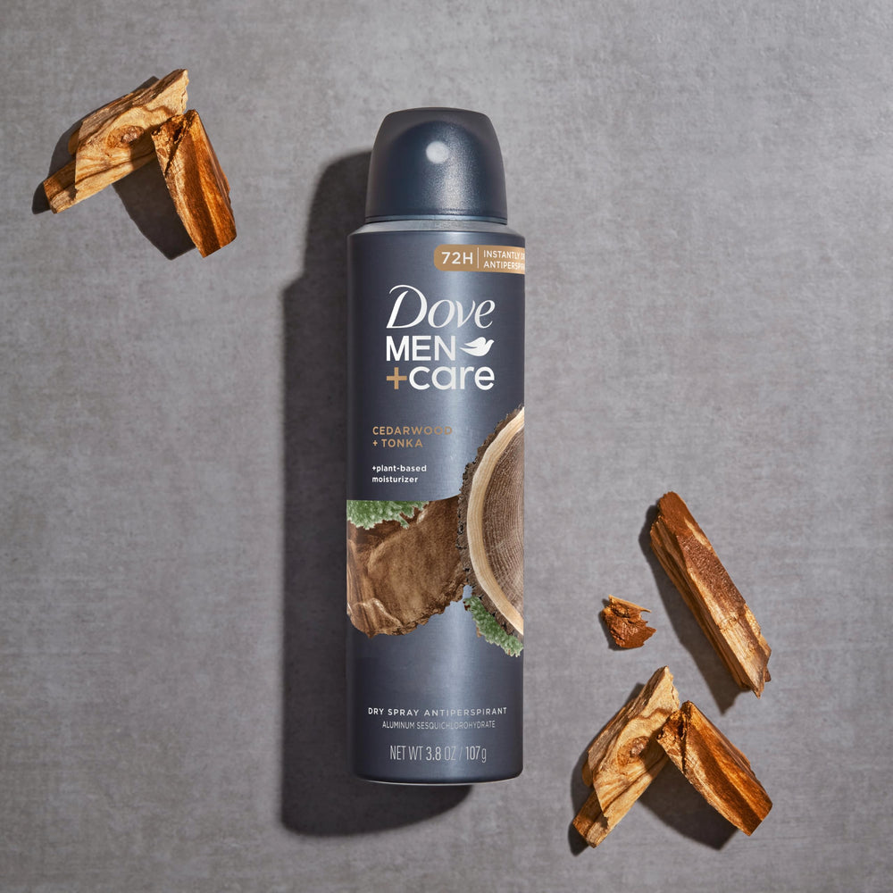 Dove Men+Care Cedarwood Tonka spray showcases fast-drying action for underarm comfort.