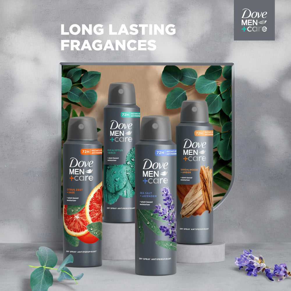 Dove Men+Care Cedarwood Tonka bottle back view highlights 72-hour protection.