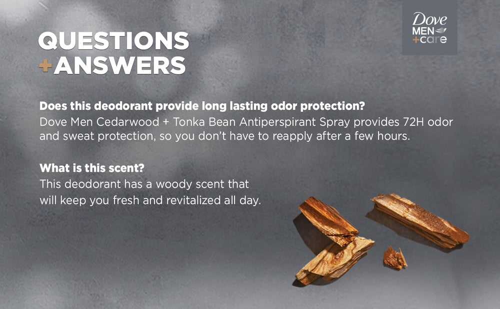 Dove Men+Care Cedarwood Tonka bottle shown for quick-dry protection.