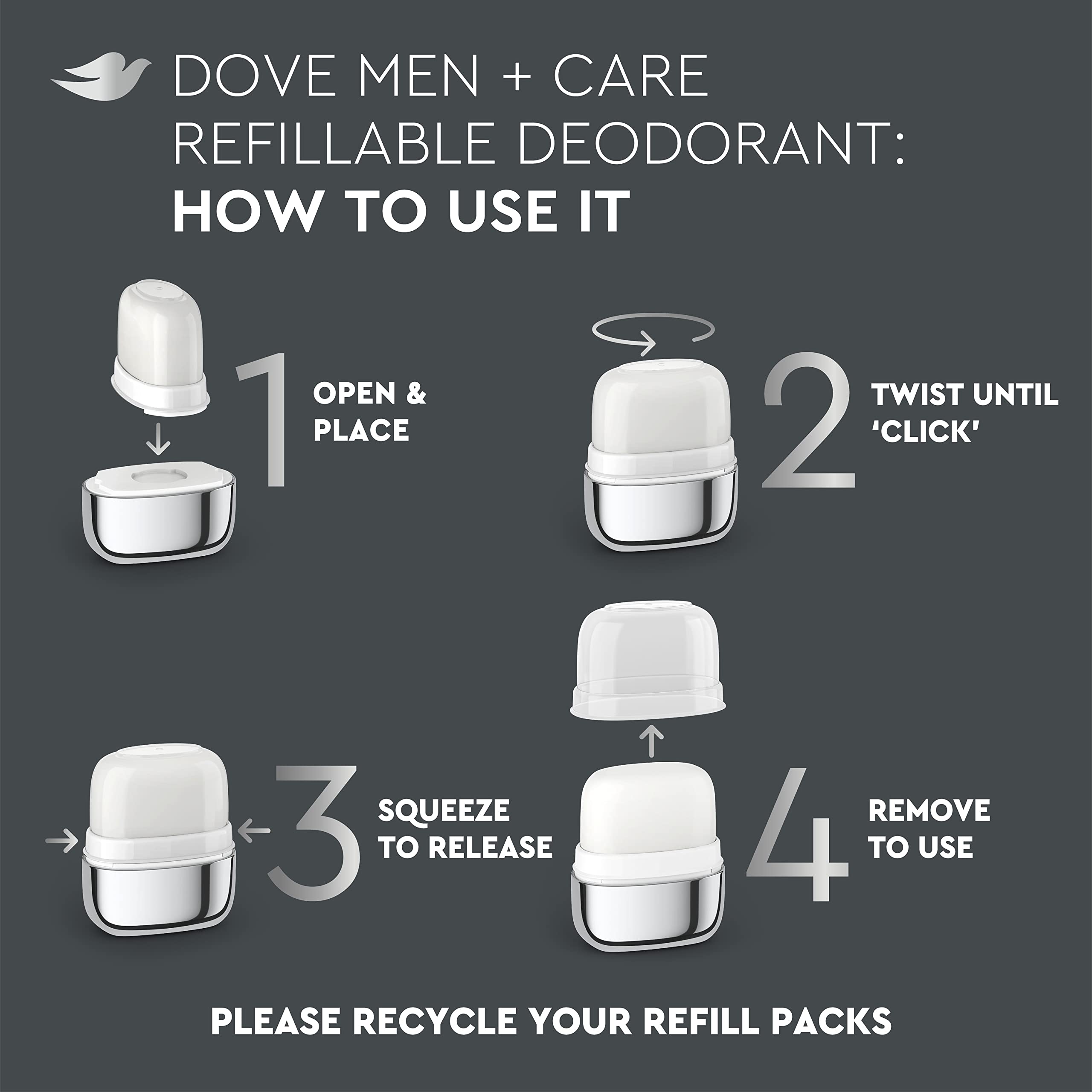 Dove Men+Care easy-refill twist-and-click application for quick changes