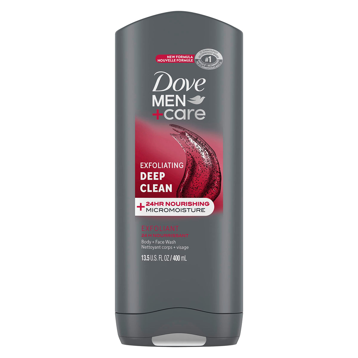 Dove Men+Care exfoliating deep clean bottle in shower for daily ritual.