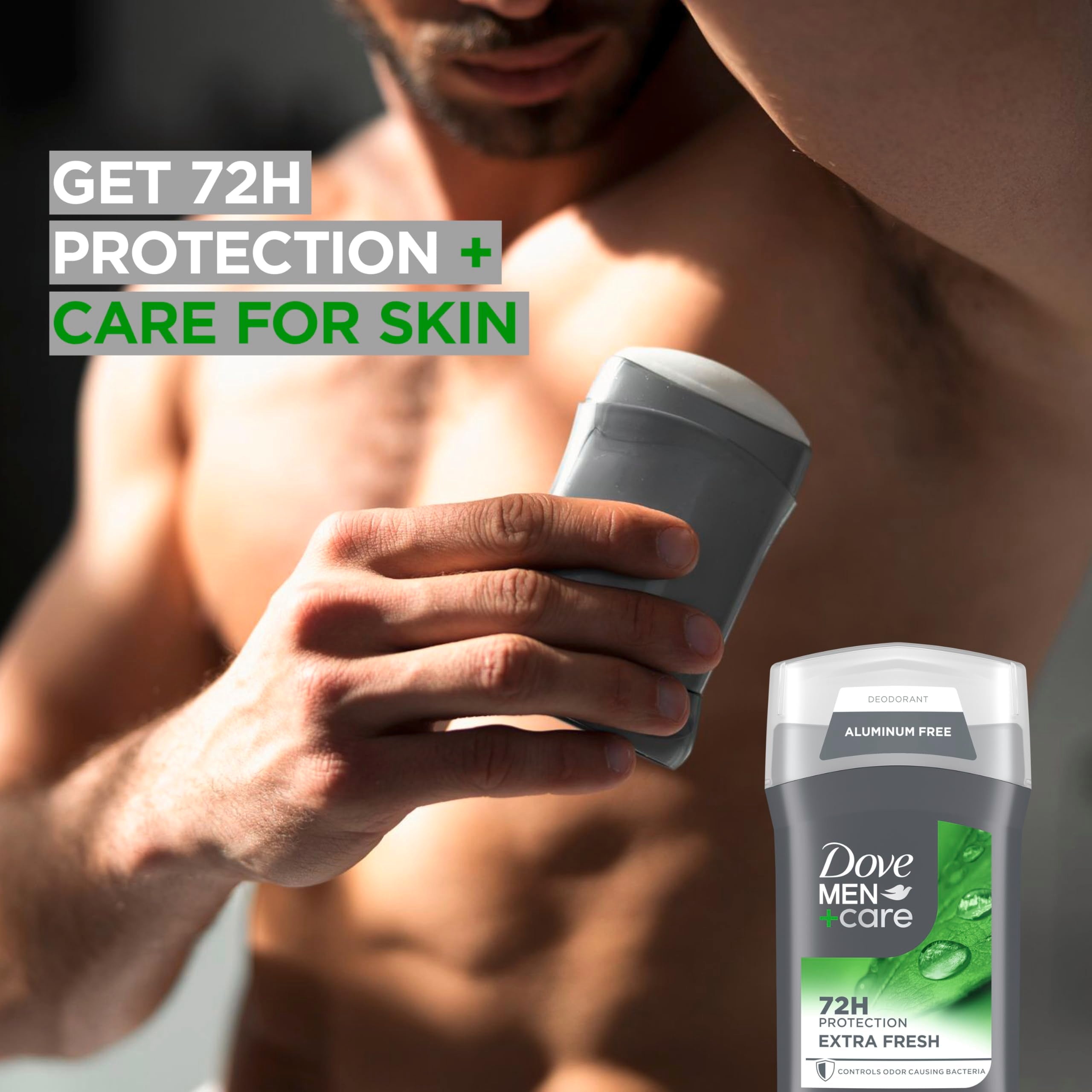 Dove Men+Care Extra Fresh stick with 72-hour protection close-up suggests all-day confidence.